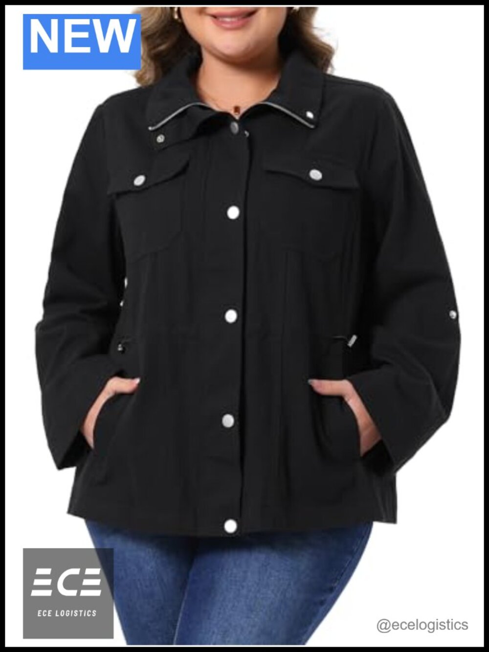 Plus Size Utility Jacket Lightweight Twill Anorak with Pockets Drawstring Waist